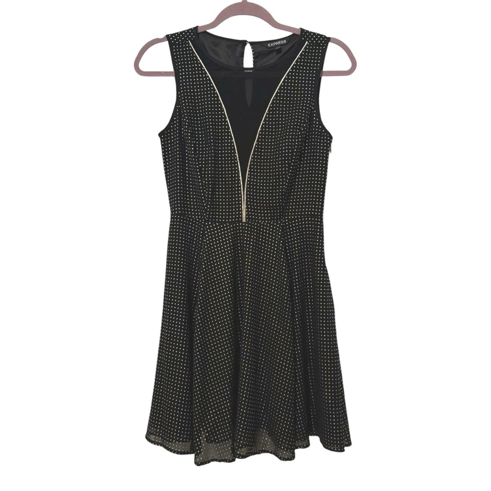 Express‎ Fit and Flare Dress Black Gold Studded Mesh Inset Womens 2